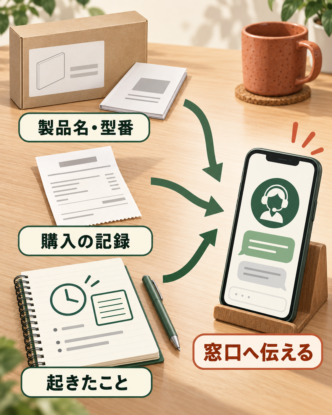 製品名と型番、購入の記録、起きたことを相談窓口へ伝える概念図