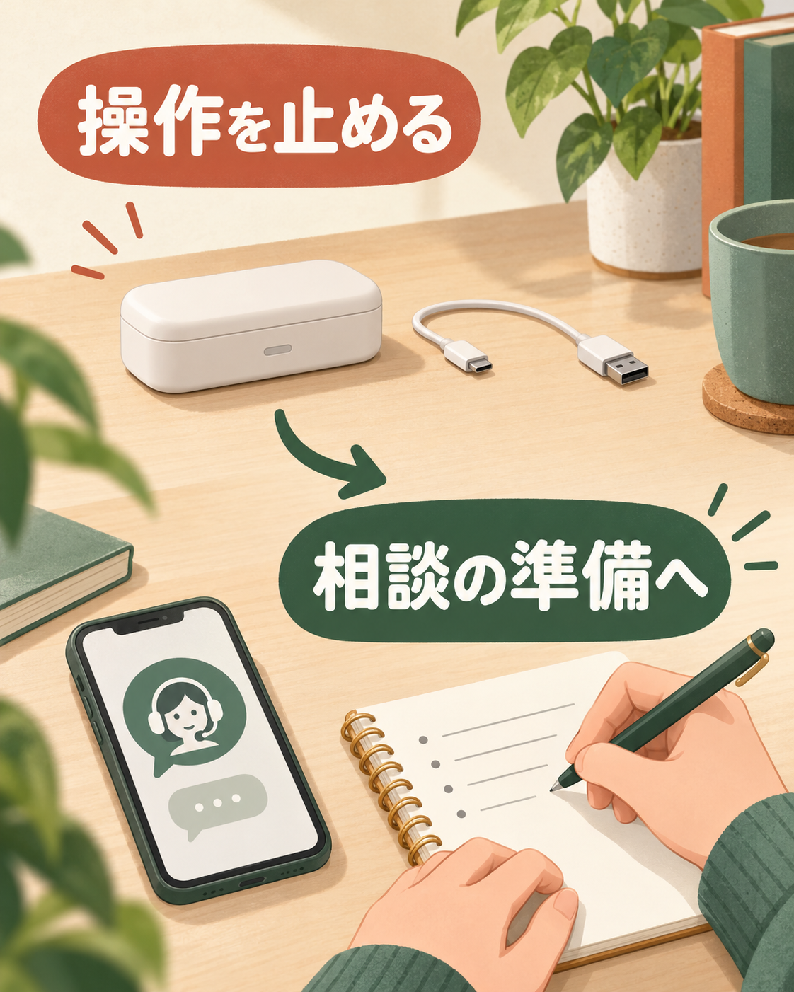 操作を止め、記録をまとめて相談へ進む概念図。特定製品や接続手順を示さない